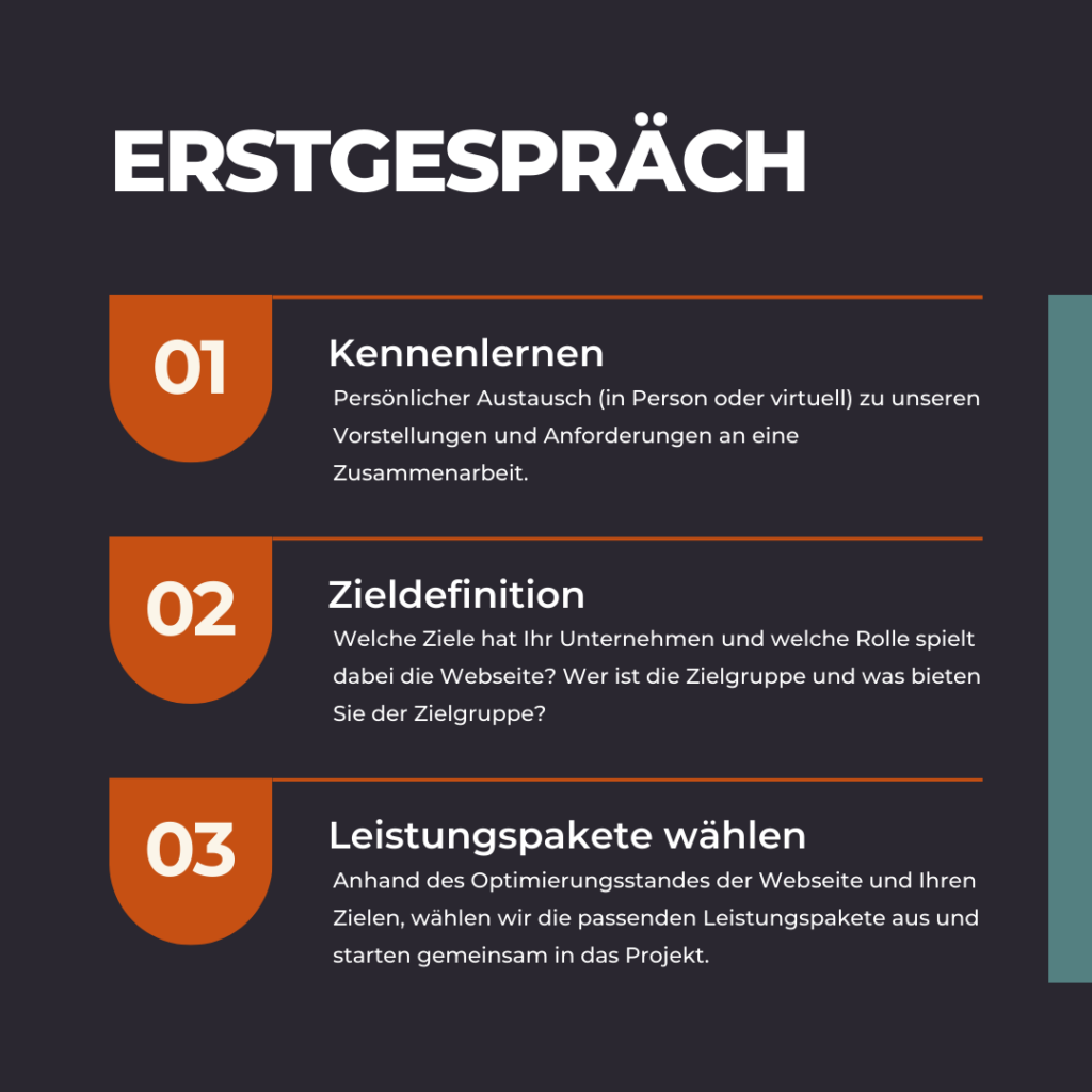 SEO Beratung in Dachau beginnt immer mit einem persönlichen Erstgespräch, in dem die genauen Ziele definiert und die dazu passenden Arbeitspakete gewählt werden.